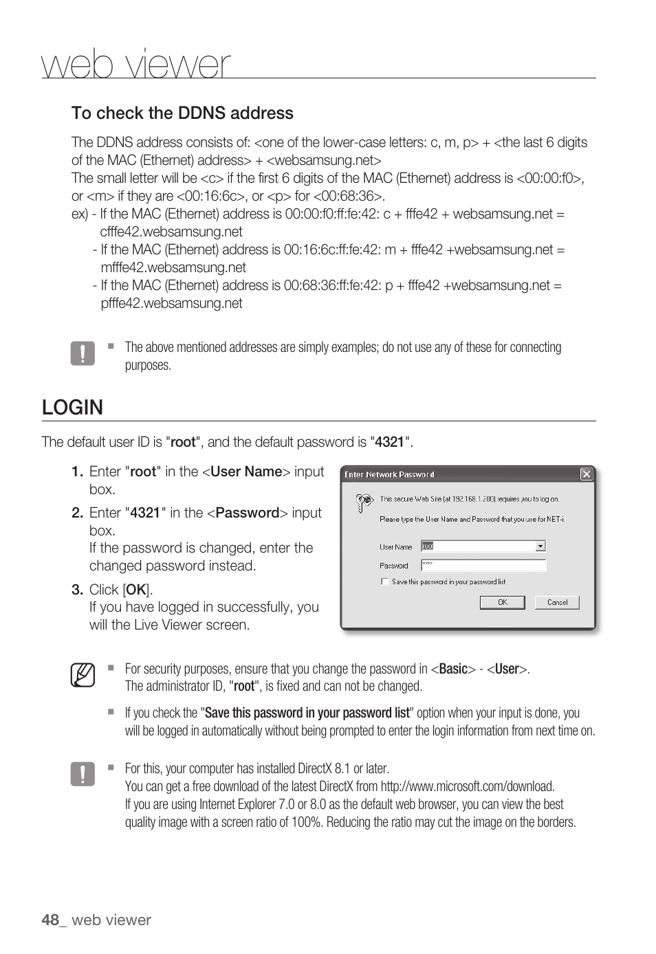 Web viewer, Login | Samsung SNC-B5399 User Manual | Page 48 / 117