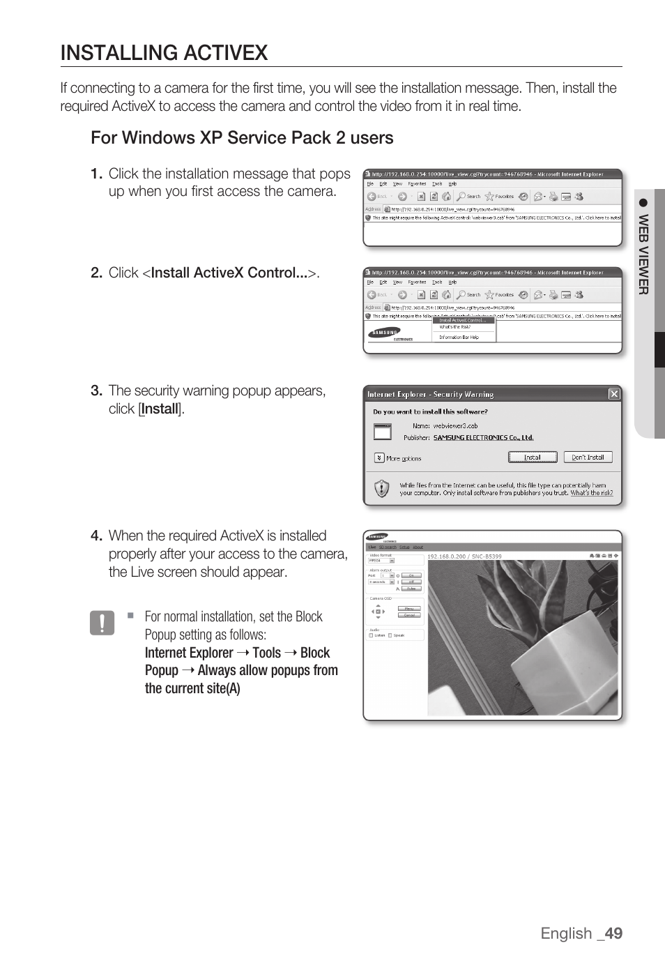 Installing activex | Samsung SNC-B5399 User Manual | Page 49 / 117