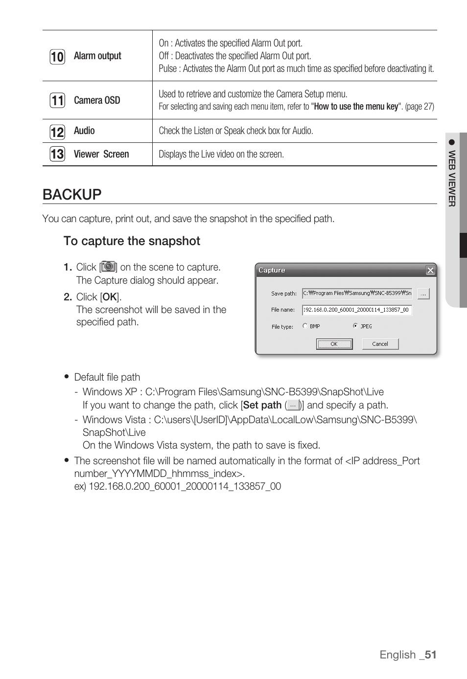 Backup | Samsung SNC-B5399 User Manual | Page 51 / 117