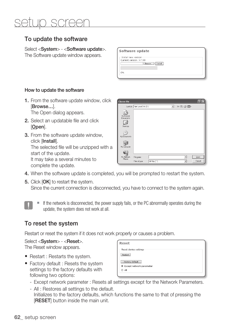 Setup screen | Samsung SNC-B5399 User Manual | Page 62 / 117