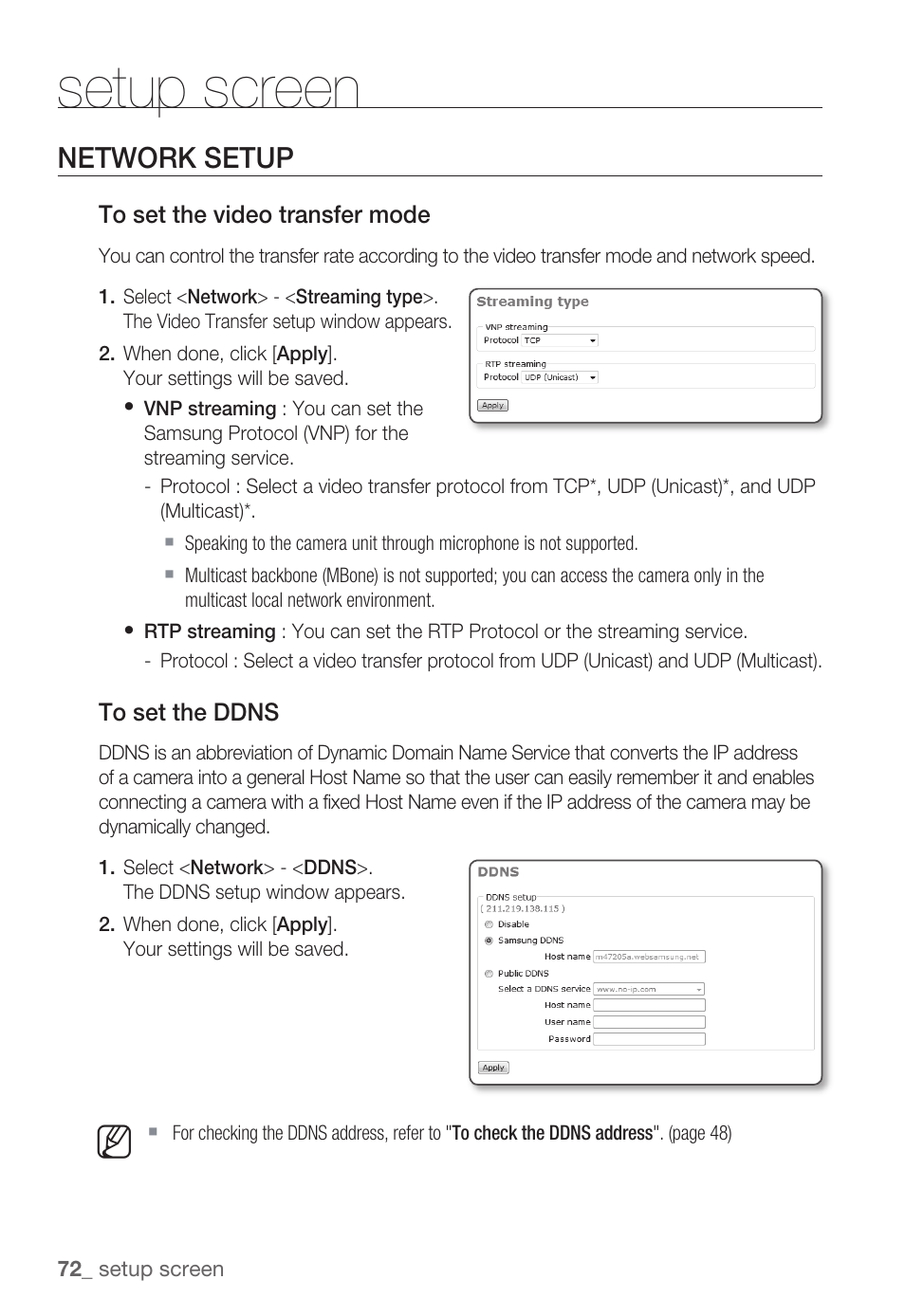 Setup screen, Network setup | Samsung SNC-B5399 User Manual | Page 72 / 117