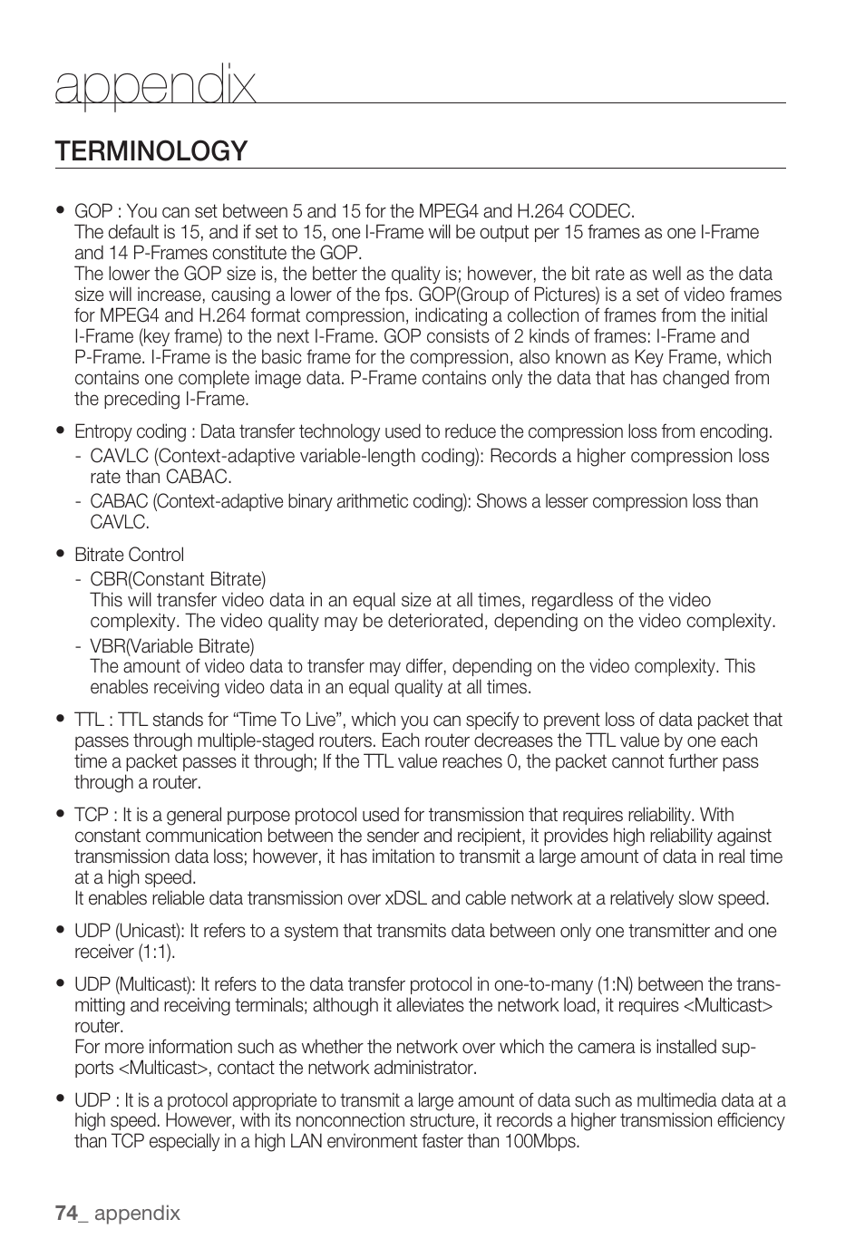 Appendix, Terminology | Samsung SNC-B5399 User Manual | Page 74 / 117