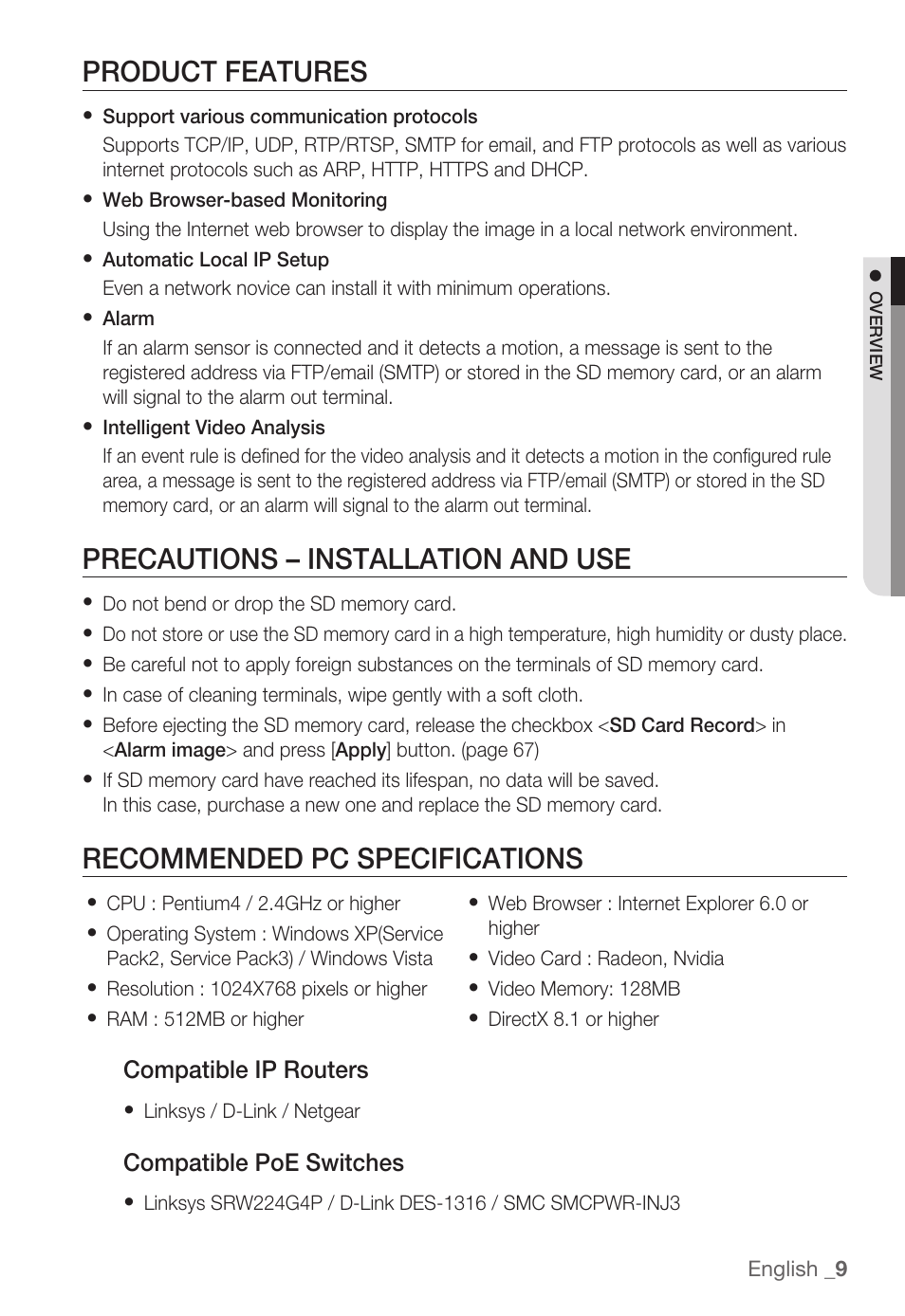 Product features, Precautions – installation and use, Recommended pc specifications | Compatible ip routers, Compatible poe switches | Samsung SNC-B5399 User Manual | Page 9 / 117