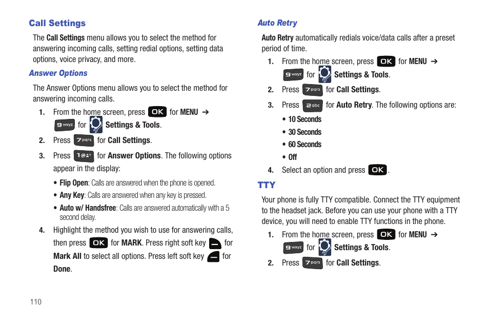 Call settings, Call settings tty | Samsung Convoy SCH-u640 User Manual | Page 115 / 186