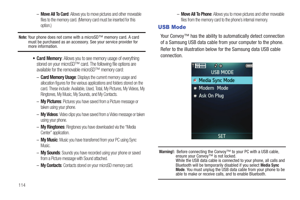 Usb mode | Samsung Convoy SCH-u640 User Manual | Page 119 / 186