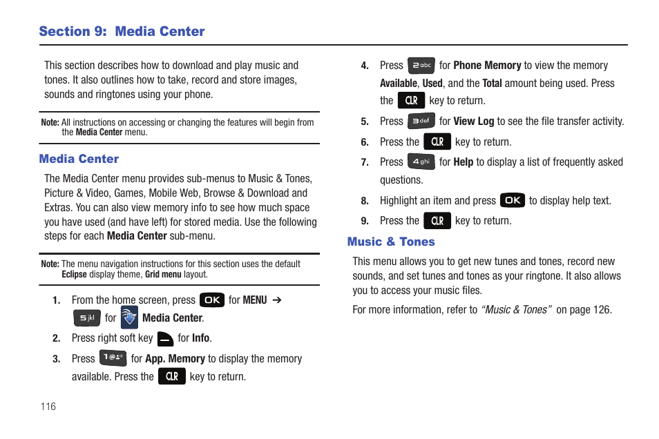 Section 9: media center, Media center, Music & tones | Media center music & tones | Samsung Convoy SCH-u640 User Manual | Page 121 / 186