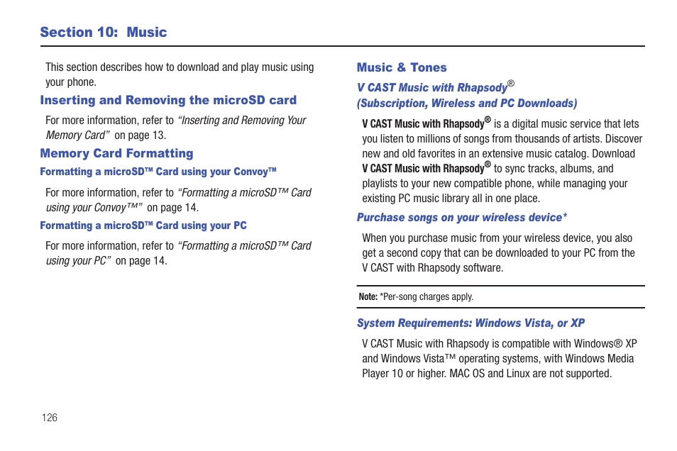 Section 10: music, Inserting and removing the microsd card, Memory card formatting | Music & tones | Samsung Convoy SCH-u640 User Manual | Page 131 / 186