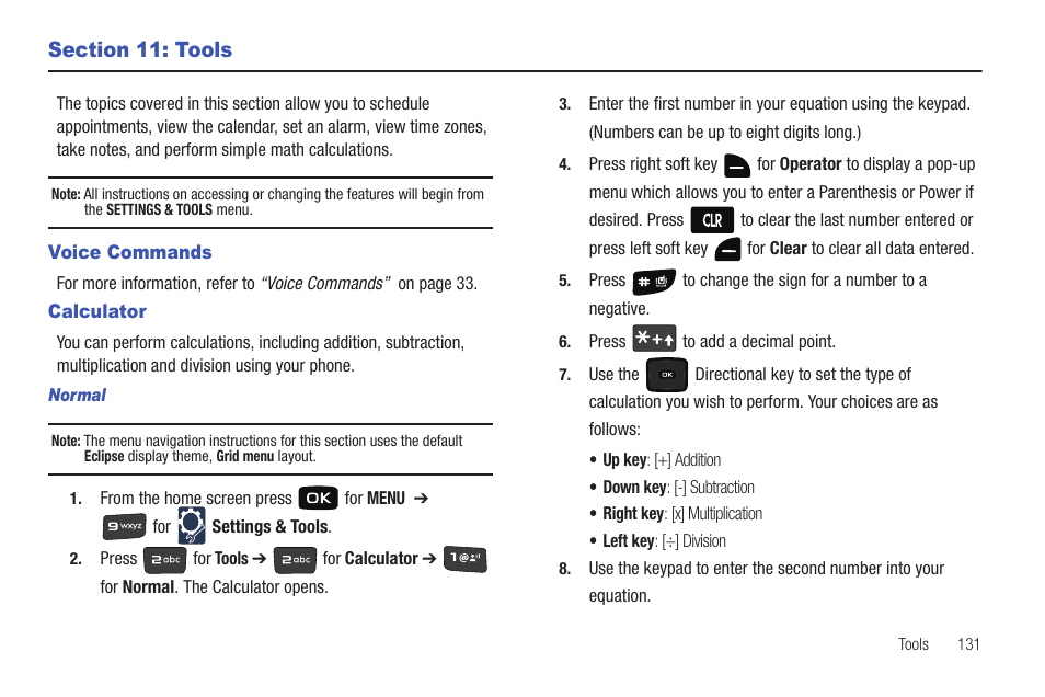 Section 11: tools, Voice commands, Calculator | Voice commands calculator | Samsung Convoy SCH-u640 User Manual | Page 136 / 186