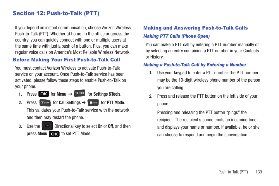 Section 12: push-to-talk (ptt), Before making your first push-to-talk call, Making and answering push-to-talk calls | Samsung Convoy SCH-u640 User Manual | Page 144 / 186