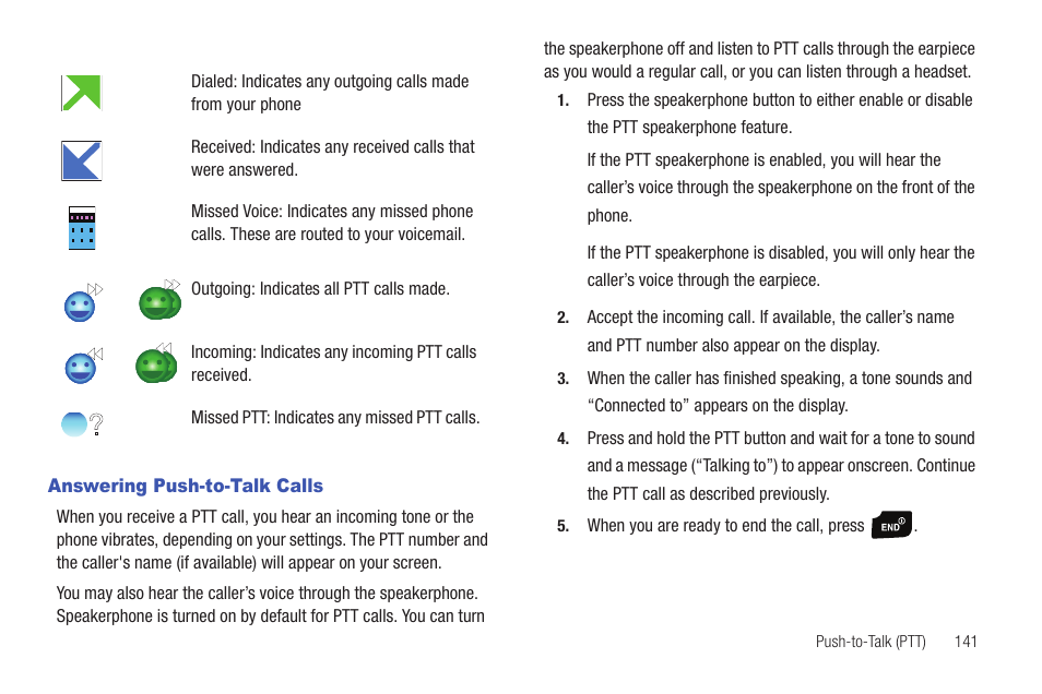 Answering push-to-talk calls | Samsung Convoy SCH-u640 User Manual | Page 146 / 186