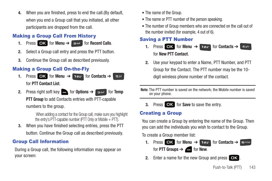 Making a group call from history, Making a group call on-the-fly, Group call information | Saving a ptt number, Creating a group | Samsung Convoy SCH-u640 User Manual | Page 148 / 186