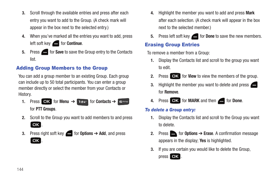 Adding group members to the group, Erasing group entries | Samsung Convoy SCH-u640 User Manual | Page 149 / 186