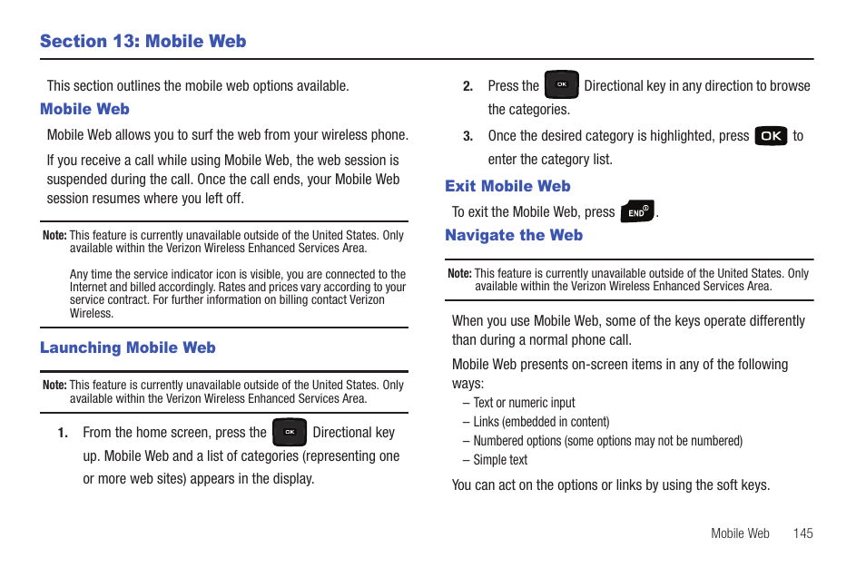 Section 13: mobile web, Mobile web, Launching mobile web | Exit mobile web, Navigate the web | Samsung Convoy SCH-u640 User Manual | Page 150 / 186