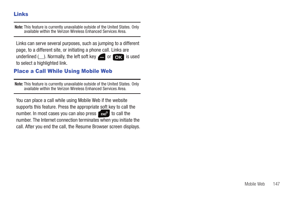 Links, Place a call while using mobile web, Links place a call while using mobile web | Samsung Convoy SCH-u640 User Manual | Page 152 / 186