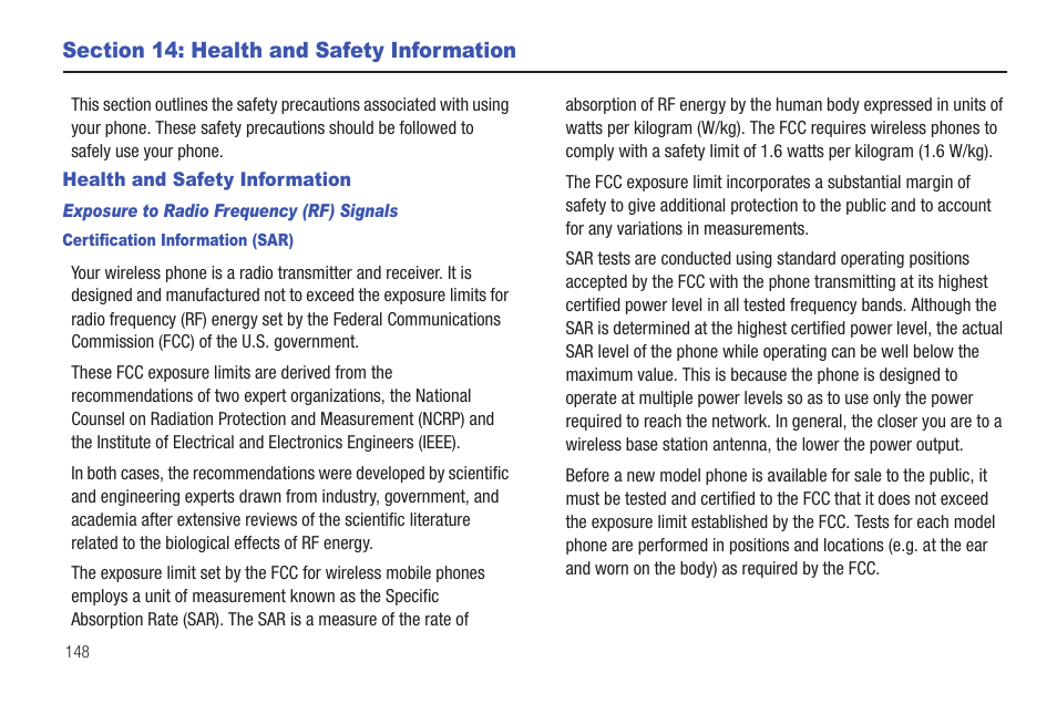 Section 14: health and safety information, Health and safety information | Samsung Convoy SCH-u640 User Manual | Page 153 / 186