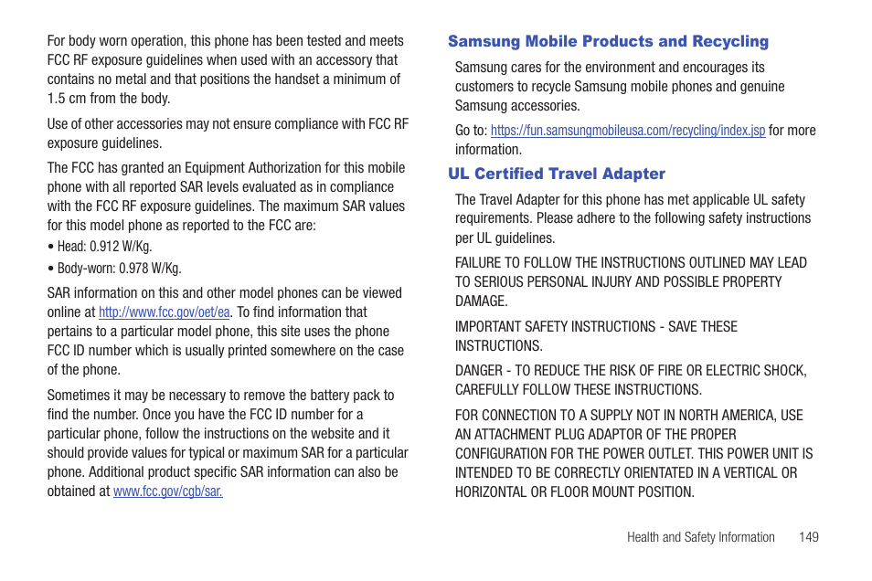 Samsung mobile products and recycling, Ul certified travel adapter | Samsung Convoy SCH-u640 User Manual | Page 154 / 186