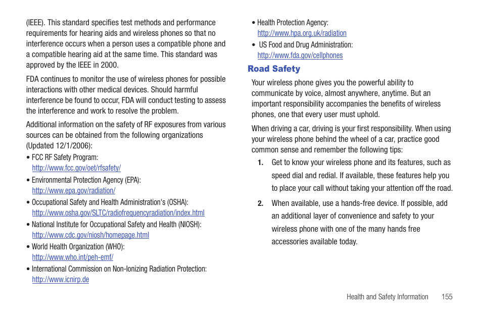 Road safety | Samsung Convoy SCH-u640 User Manual | Page 160 / 186