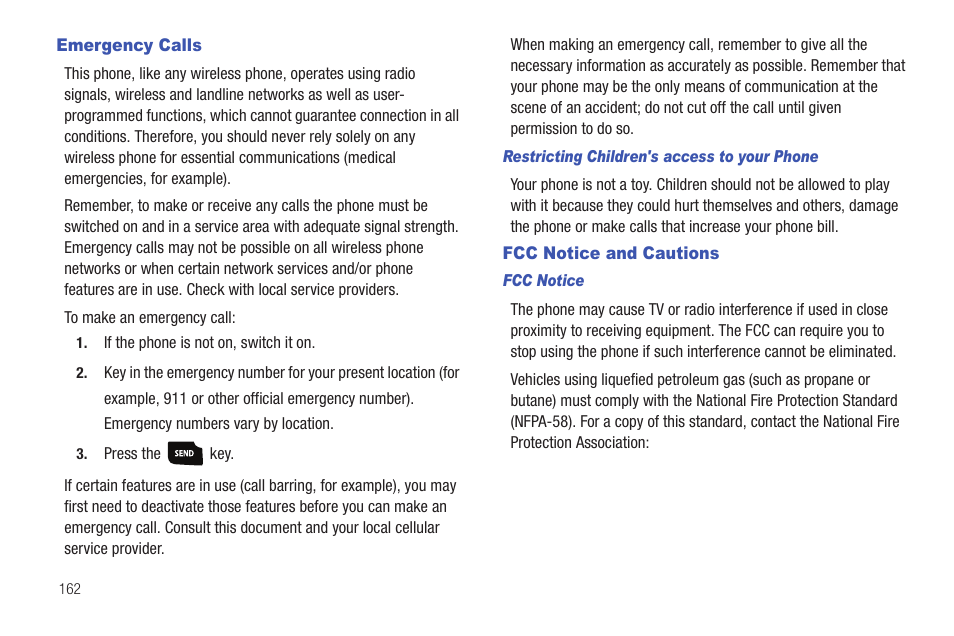 Emergency calls, Fcc notice and cautions, Emergency calls fcc notice and cautions | Samsung Convoy SCH-u640 User Manual | Page 167 / 186