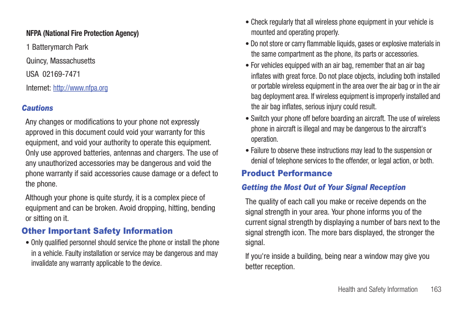 Other important safety information, Product performance | Samsung Convoy SCH-u640 User Manual | Page 168 / 186