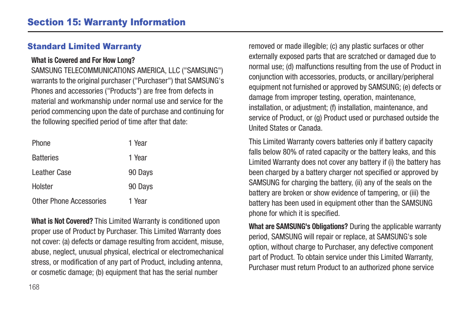 Section 15: warranty information, Standard limited warranty | Samsung Convoy SCH-u640 User Manual | Page 173 / 186