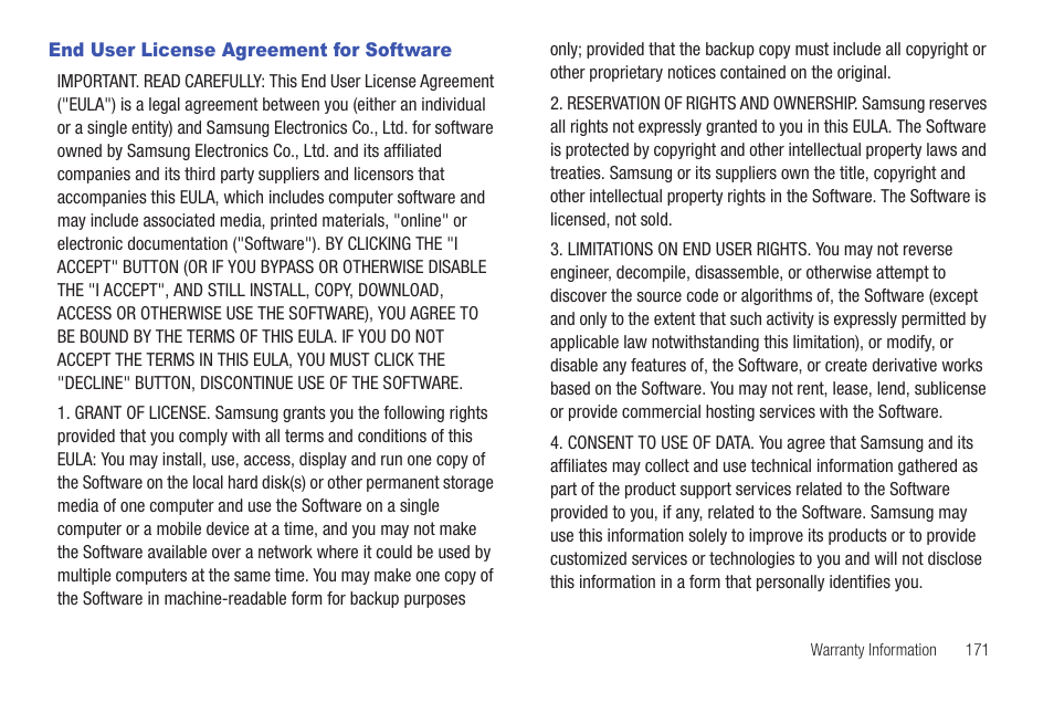 End user license agreement for software | Samsung Convoy SCH-u640 User Manual | Page 176 / 186