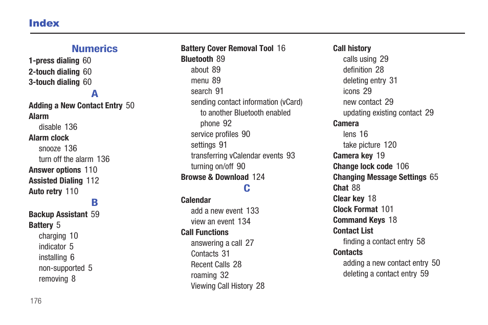 Index, Numerics | Samsung Convoy SCH-u640 User Manual | Page 181 / 186