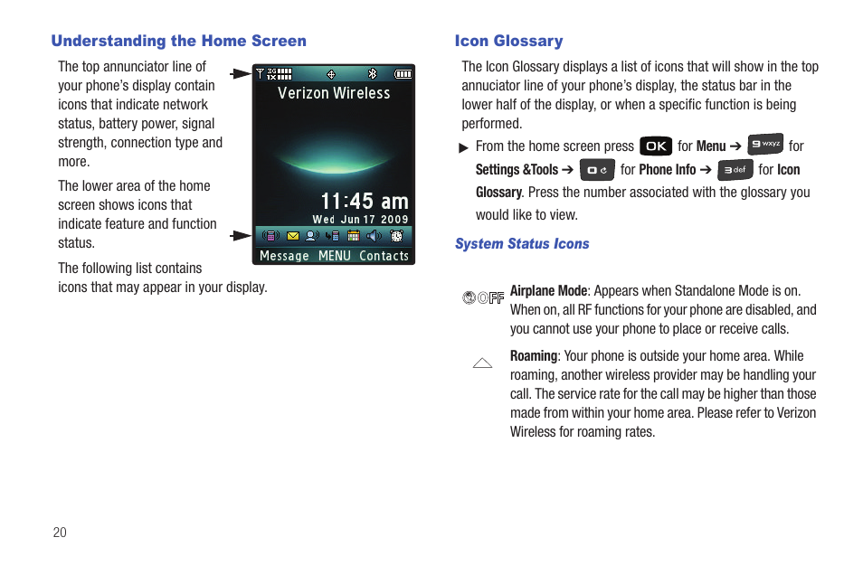 Understanding the home screen, Icon glossary, Understanding the home screen icon glossary | Samsung Convoy SCH-u640 User Manual | Page 25 / 186