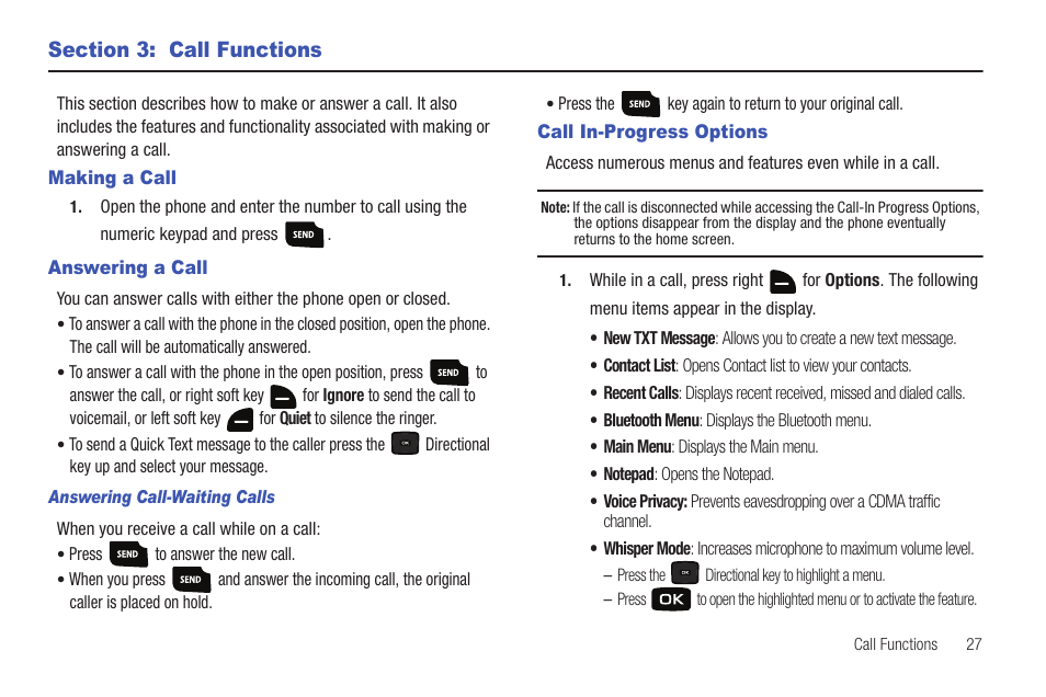 Section 3: call functions, Making a call, Answering a call | Call in-progress options | Samsung Convoy SCH-u640 User Manual | Page 32 / 186