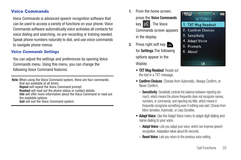 Voice commands | Samsung Convoy SCH-u640 User Manual | Page 38 / 186