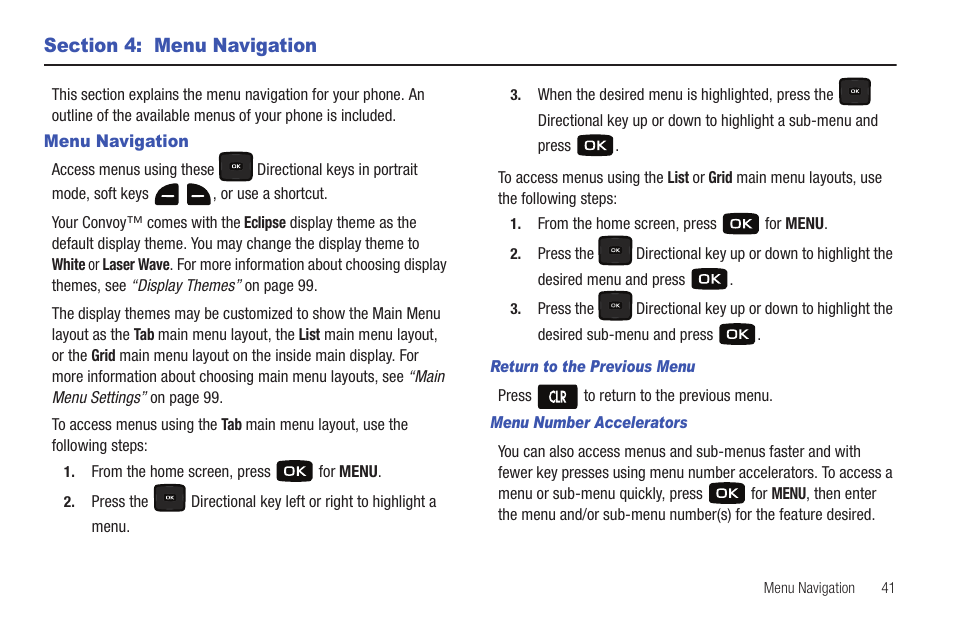 Section 4: menu navigation, Menu navigation | Samsung Convoy SCH-u640 User Manual | Page 46 / 186