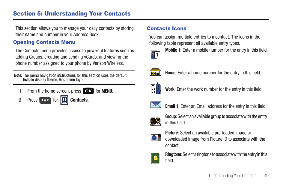 Section 5: understanding your contacts, Opening contacts menu, Contacts icons | Opening contacts menu contacts icons | Samsung Convoy SCH-u640 User Manual | Page 54 / 186