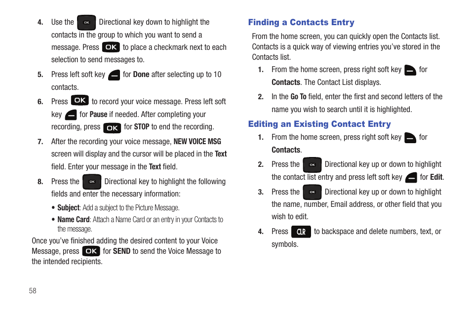 Finding a contacts entry, Editing an existing contact entry | Samsung Convoy SCH-u640 User Manual | Page 63 / 186