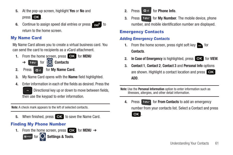 My name card, Finding my phone number, Emergency contacts | Samsung Convoy SCH-u640 User Manual | Page 66 / 186