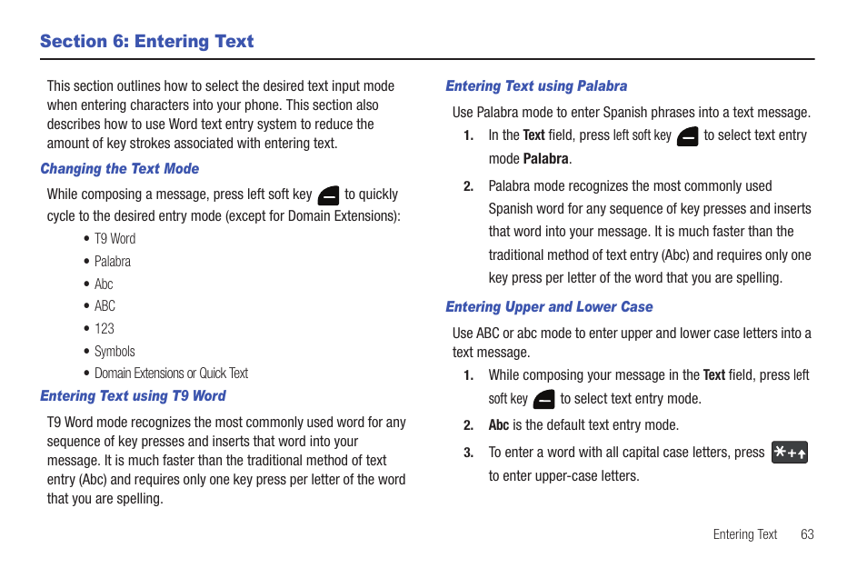 Section 6: entering text | Samsung Convoy SCH-u640 User Manual | Page 68 / 186