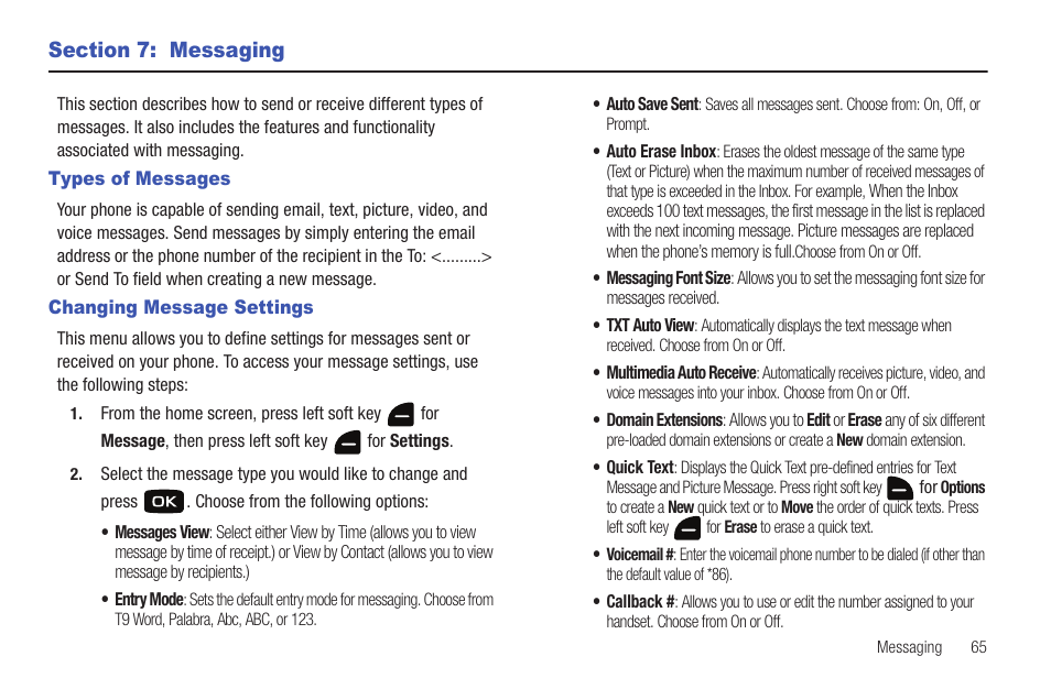 Section 7: messaging, Types of messages, Changing message settings | Types of messages changing message settings | Samsung Convoy SCH-u640 User Manual | Page 70 / 186