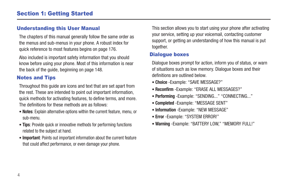 Section 1: getting started, Understanding this user manual, Notes and tips | Dialogue boxes | Samsung Convoy SCH-u640 User Manual | Page 9 / 186