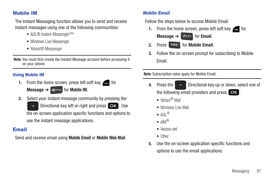 Mobile im, Email, Mobile im email | Samsung Convoy SCH-u640 User Manual | Page 92 / 186