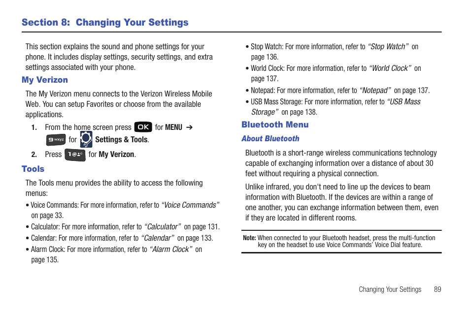 Section 8: changing your settings, My verizon, Tools | Bluetooth menu, My verizon tools bluetooth menu | Samsung Convoy SCH-u640 User Manual | Page 94 / 186