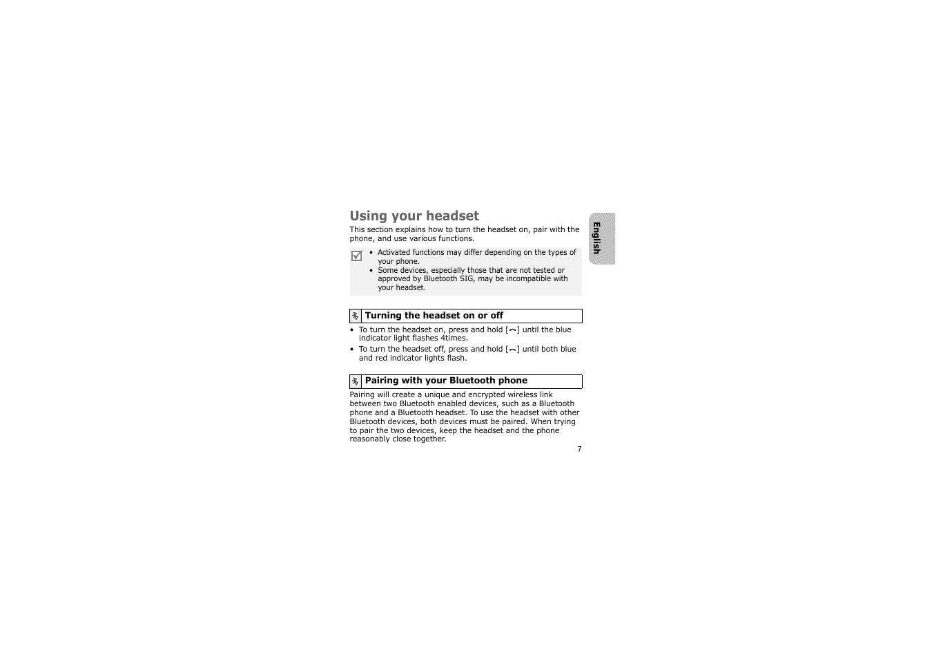 Using your headset, Turning the headset on or off, 7 pairing with your bluetooth phone | Samsung AWEP700JBE User Manual | Page 10 / 21