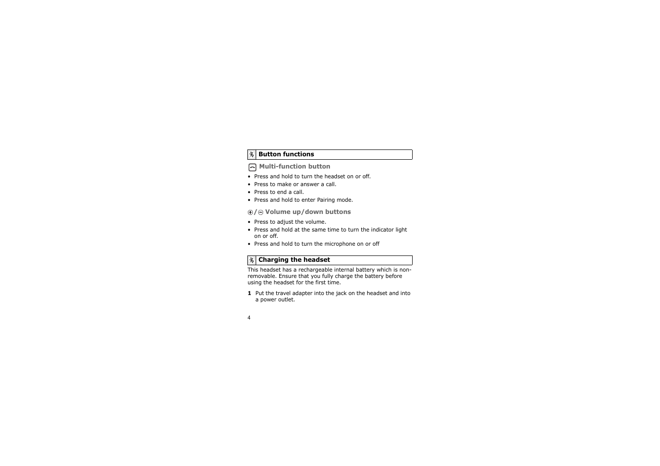 Button functions, 4 charging the headset | Samsung AWEP700JBE User Manual | Page 7 / 21