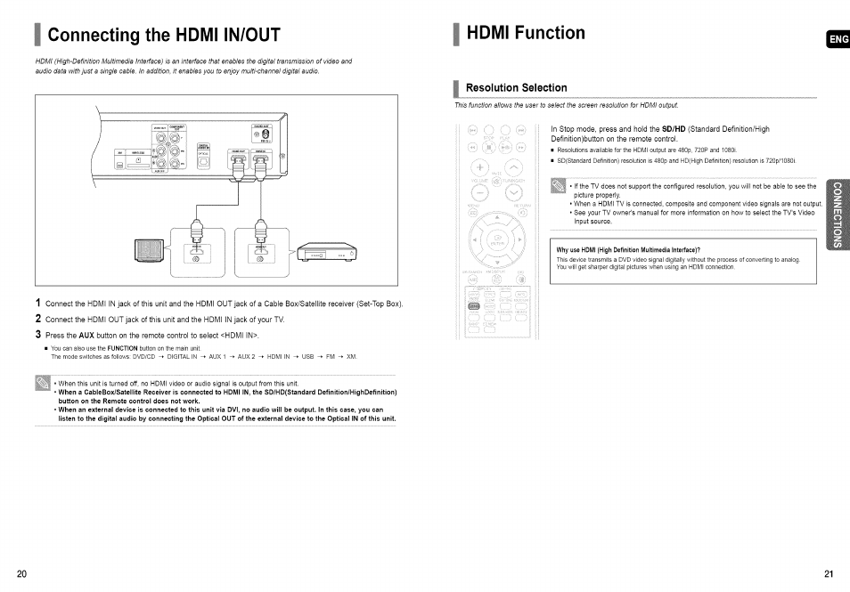 Connecting the hdmiin/out, Connecting the hdmi in/out, Hdmi function | Samsung HT-TX72 User Manual | Page 11 / 39