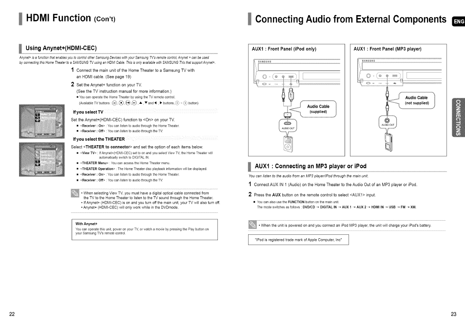 Connecting audio from externai components g, Connecting audio from external components, Homi function | Con’t) | Samsung HT-TX72 User Manual | Page 12 / 39