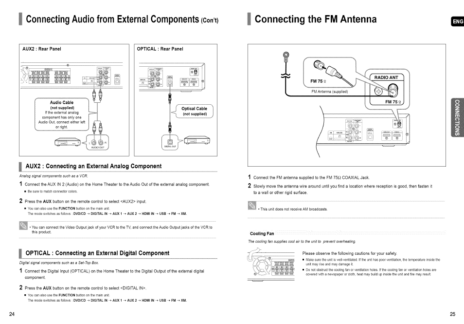 Connecting audio from external components (con t), Connecting the fm antenna | Samsung HT-TX72 User Manual | Page 13 / 39