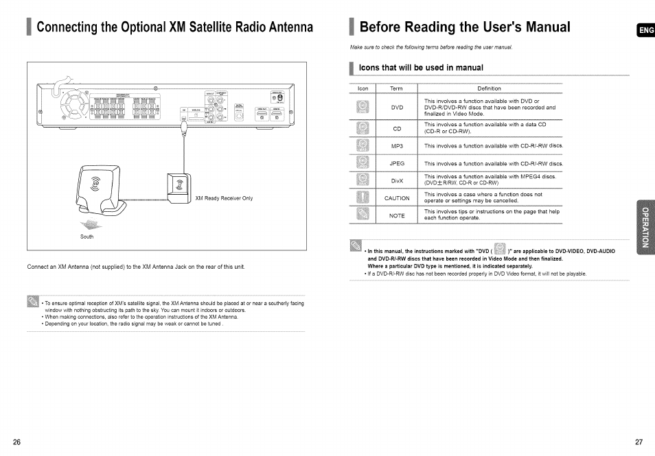 Before reading the user's manual, Connecting the optional xm satellite radio antenna | Samsung HT-TX72 User Manual | Page 14 / 39