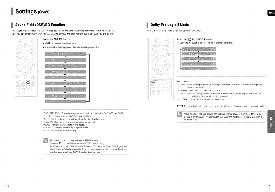 Settings, Con’t), Dolby pro logic ii mode | Samsung HT-TX72 User Manual | Page 29 / 39