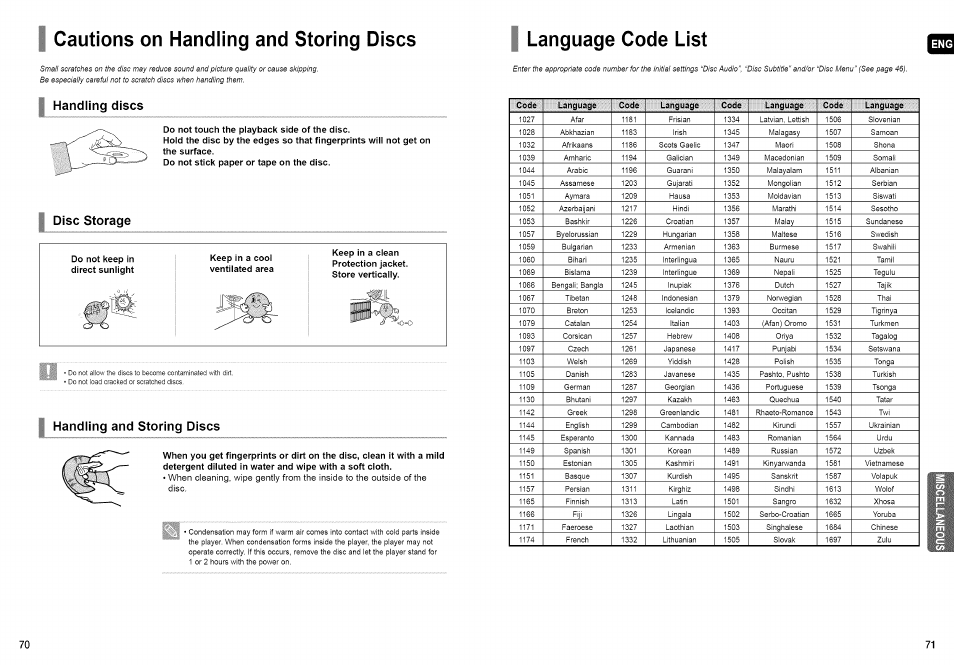 Cautions on handling and storing discs, Language code list | Samsung HT-TX72 User Manual | Page 36 / 39