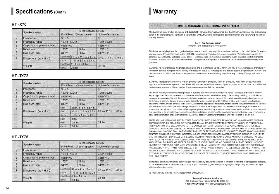 Specifications (con’t), Warranty, Specifications | Con’t) ht-x70, Ht-tx72, Ht-tx75 | Samsung HT-TX72 User Manual | Page 38 / 39