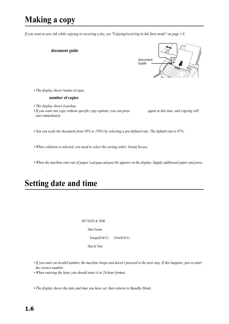 Making a copy, Setting date and time | Samsung SF-360 Series User Manual | Page 13 / 84