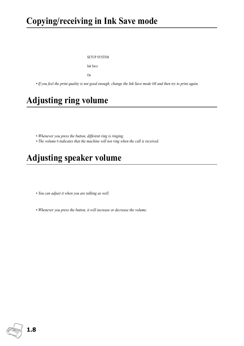 Copying/receiving in ink save mode, Adjusting ring volume, Adjusting speaker volume | Samsung SF-360 Series User Manual | Page 15 / 84