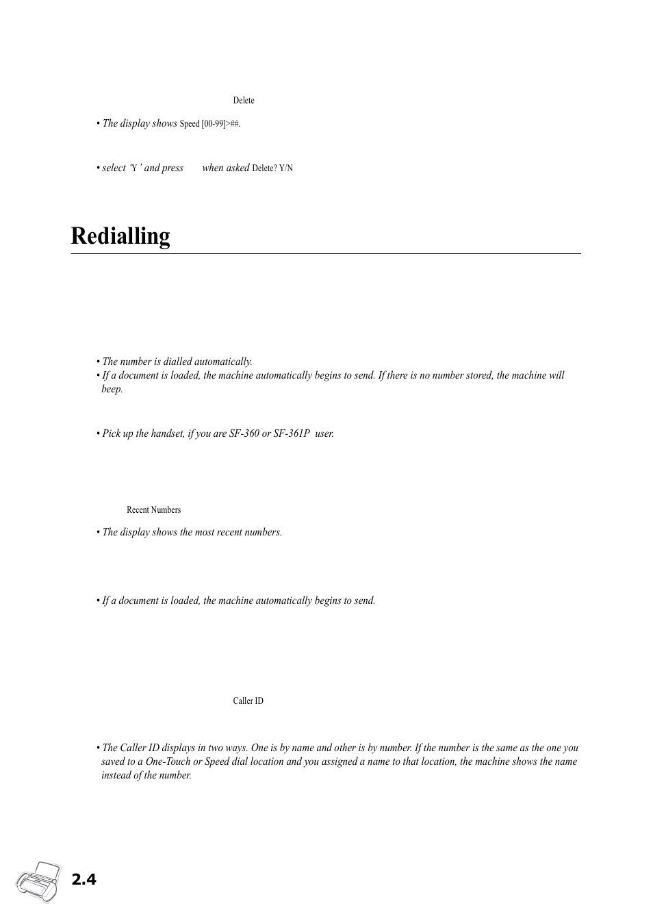 Deleting a number in the phonebook, Redialling, To redial the last number called | To redial the number in memory | Samsung SF-360 Series User Manual | Page 19 / 84